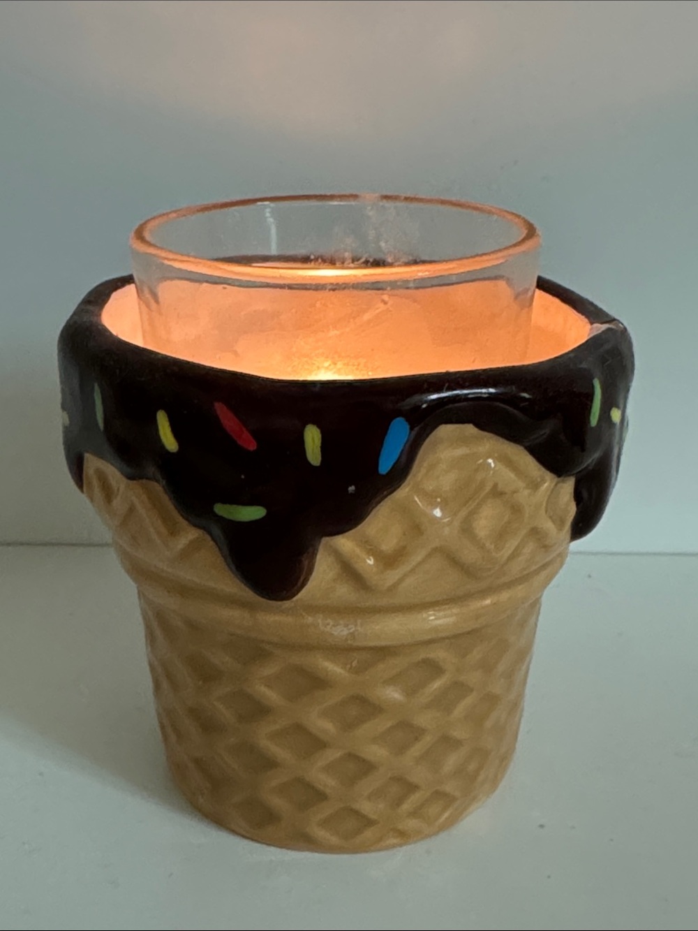 Ice Cream Cone Ceramic Candle Holder with Chocolate Drip & Sprinkles